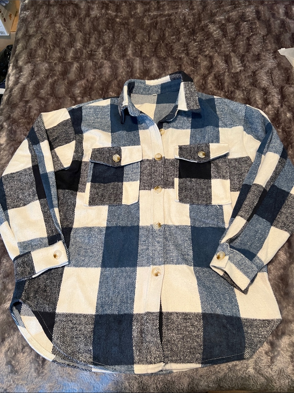 Plaid Button-Up Shacket in Cream and Blue, Medium